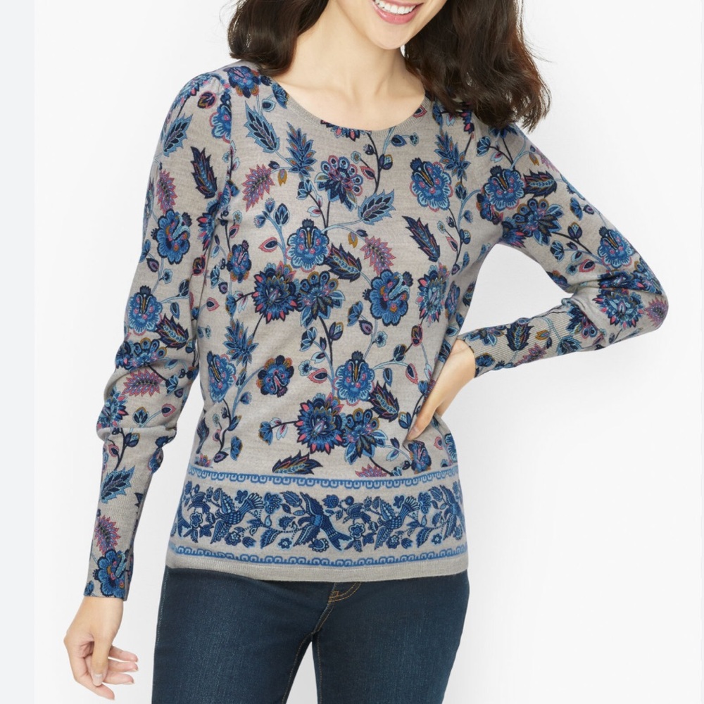 Talbots Pure Merino‎ Wool Women's Gray Blue Flowered Sweater Lightweight Petite